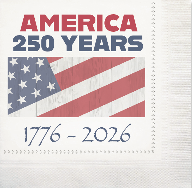 250 YEARS AMERICA BEVERAGE NAPKINS 10"x10" 4-Fold White 2-ply Tissue Coin Embossed 3000ct SKU CP300-25776